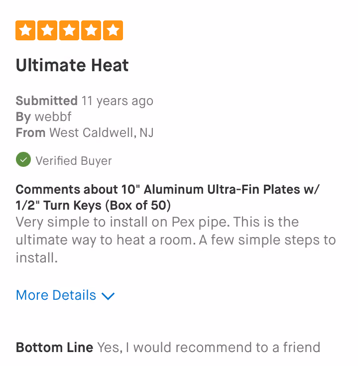 Five-star review titled Ultimate Heat for 10" aluminum plates with turn keys, very easy to install and effective.