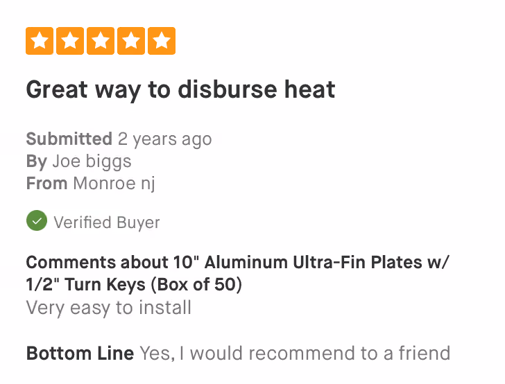 Five-star review titled 'Great way to disburse heat' by verified buyer Joe Biggs from Monroe, NJ.
