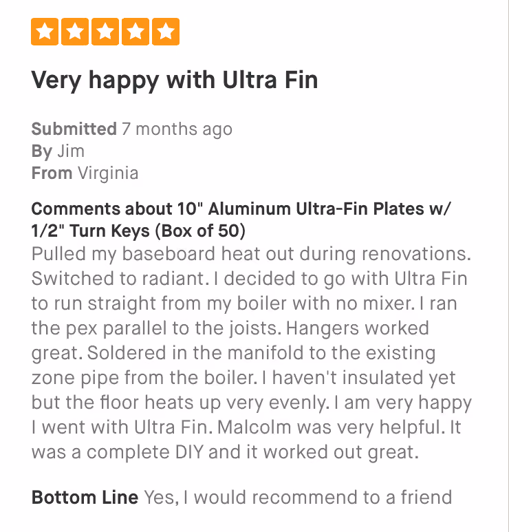 Five-star review praising Ultra Fin for even floor heating and easy DIY installation with helpful customer service.