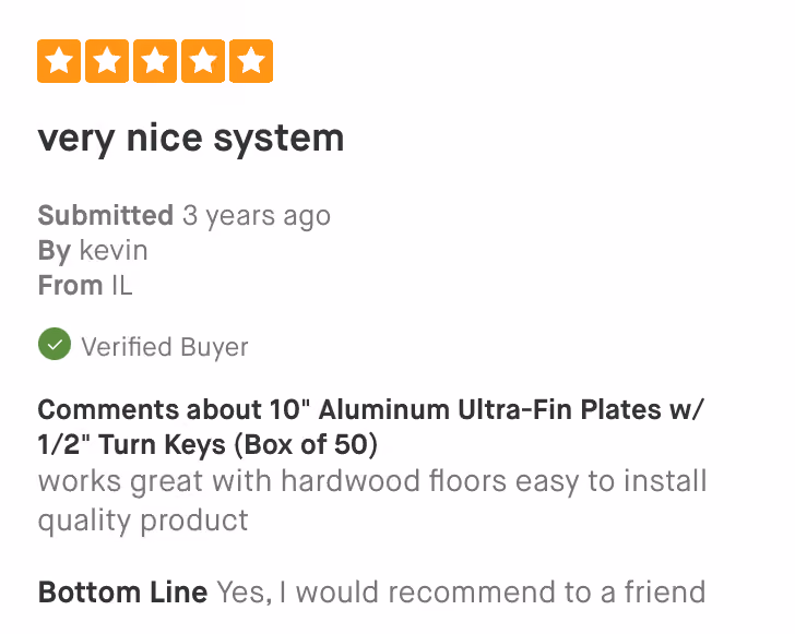 Five-star review titled 'very nice system' praising aluminum plates as easy to install and high quality.