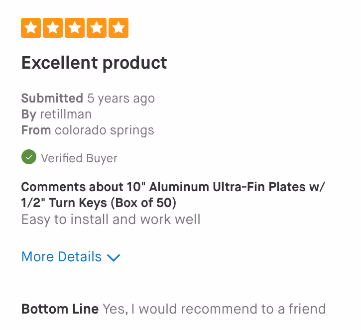 Five-star review titled Excellent product with positive comments about aluminum plates and recommendation.