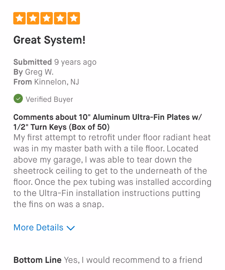 Five-star customer review praising easy installation of 10-inch Aluminum Ultra-Fin Plates for radiant heat.