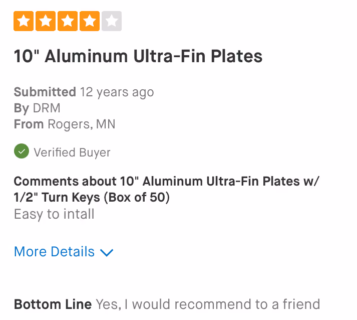 Review for 10" Aluminum Ultra-Fin Plates shows 4 of 5 stars with positive buyer feedback and recommendation.