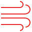 Icon of red stylized wind blowing to the right in curved lines.