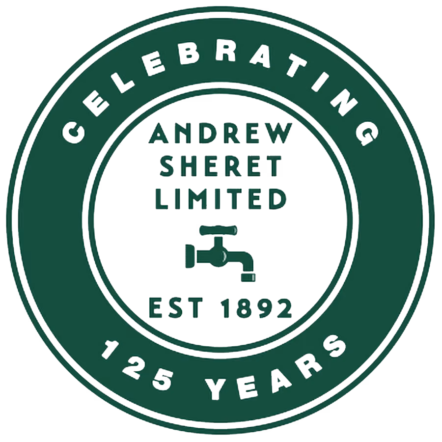 Green circular logo with text celebrating 125 years of Andrew Sheret Limited, est. 1892, with a faucet icon.