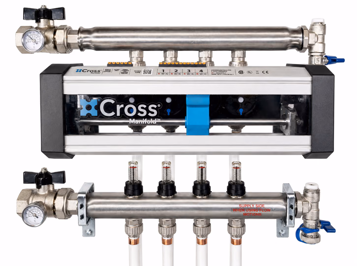 Cross Manifold plumbing system with gauges, valves, and flow meters on stainless steel pipes.