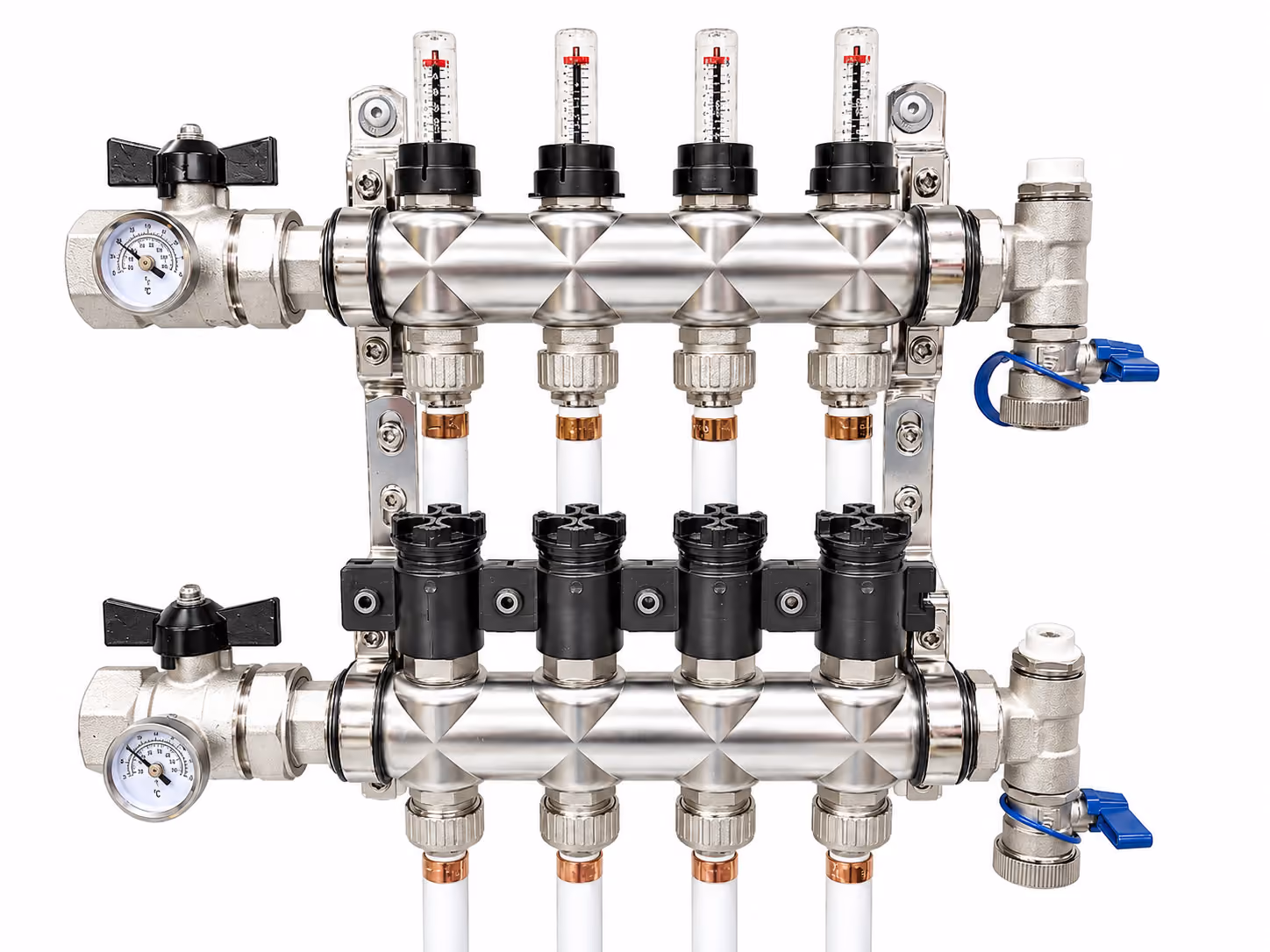 Close-up of a metal plumbing manifold with four flow meters, gauges, and blue shutoff valves.