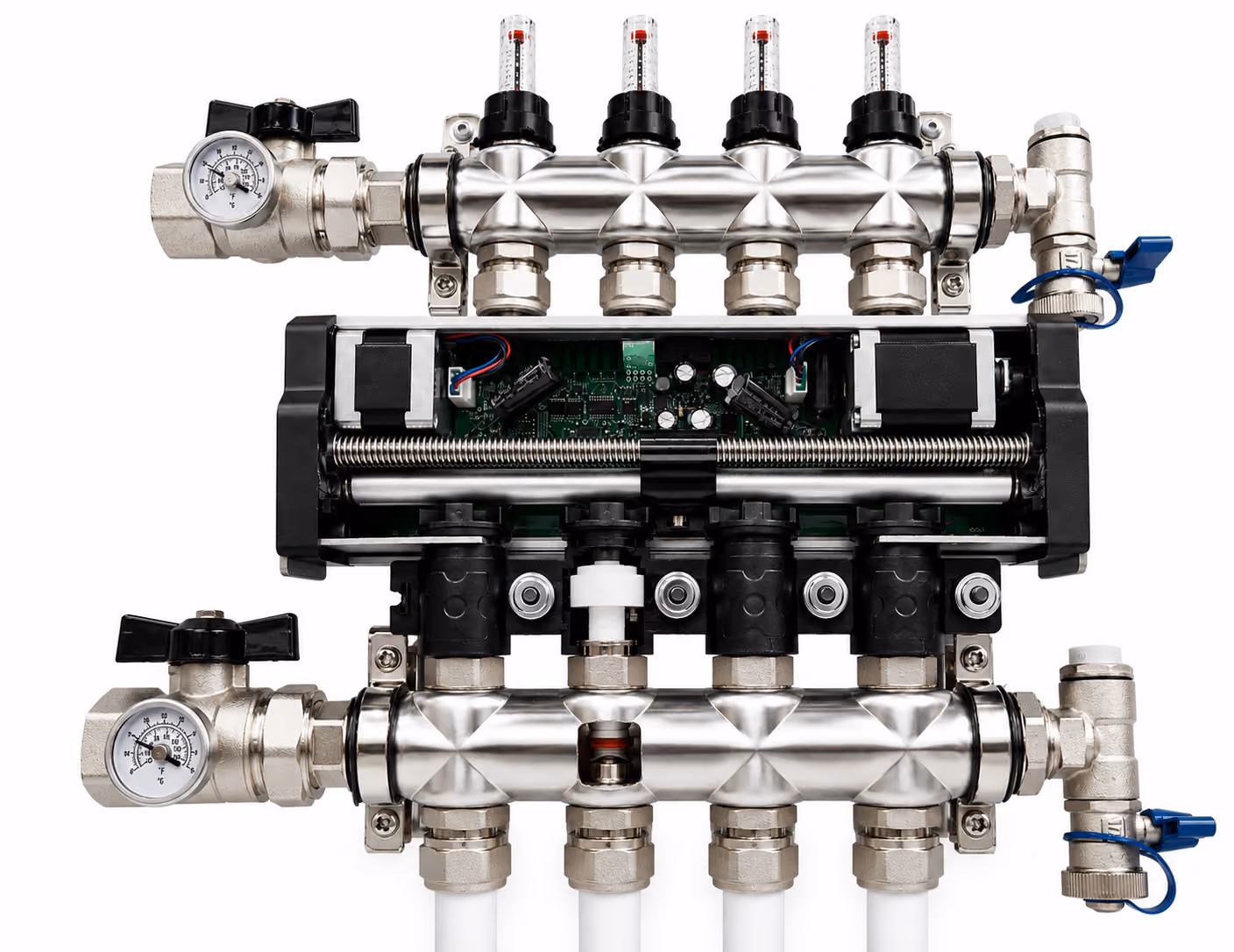 Metal plumbing manifold with pressure gauges, flow meters, valves, and connected pipes on a white background.