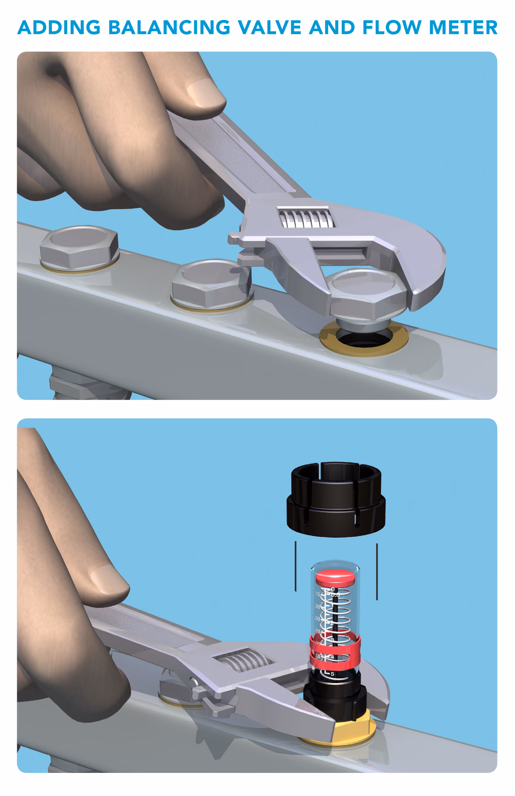 Hands using a wrench to remove a bolt and install a flow meter on a balancing valve.