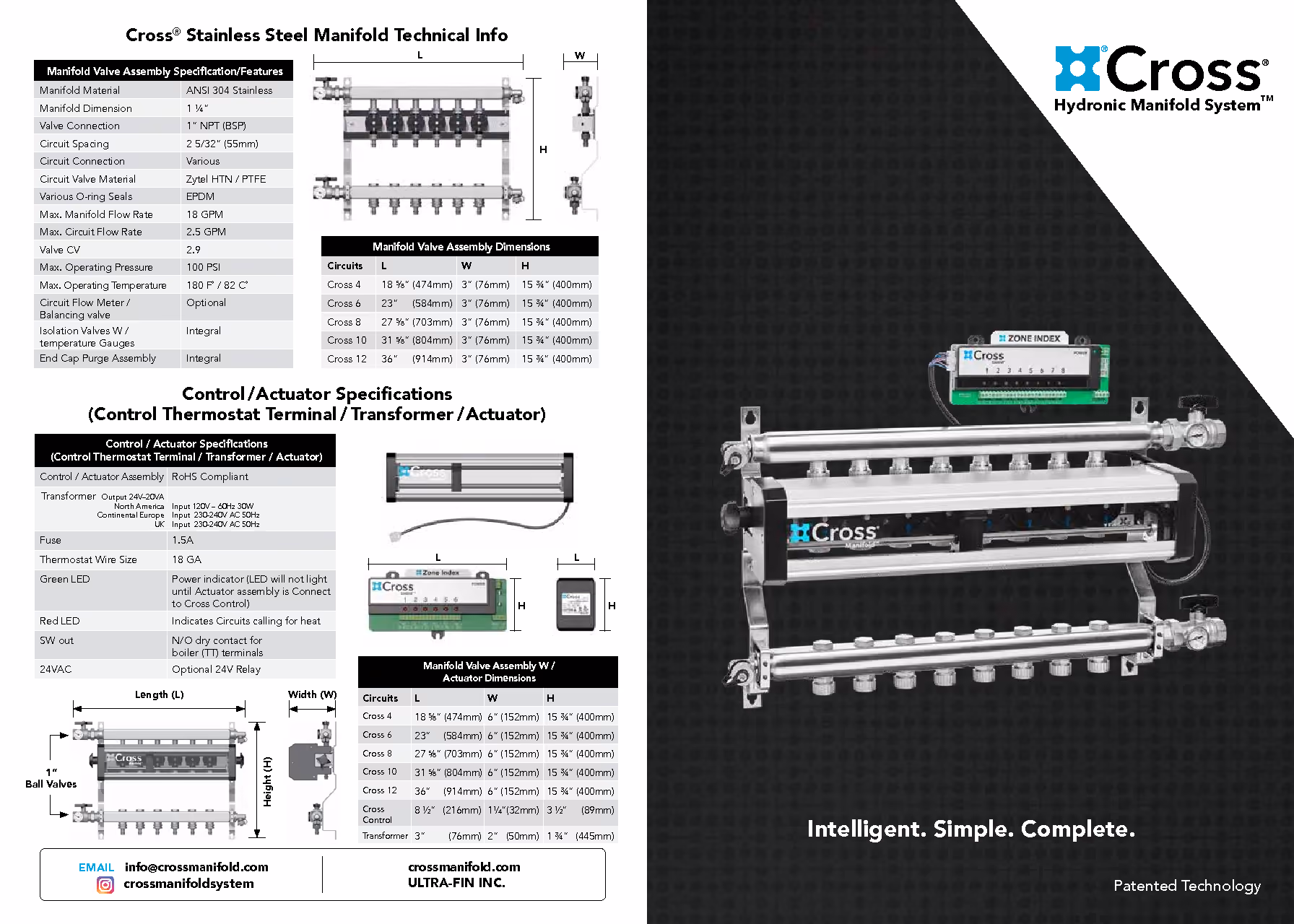 Technical specs and dimensions of Cross stainless steel hydronic manifold with images of manifold and control actuator parts.