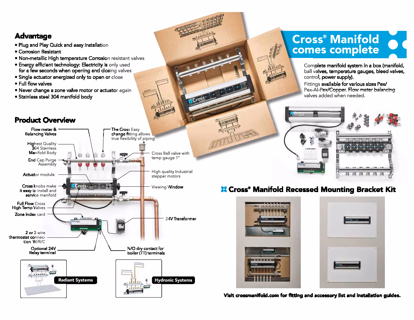 Brochure showing Cross manifold system components, features, installation advantages, and mounting bracket kit.