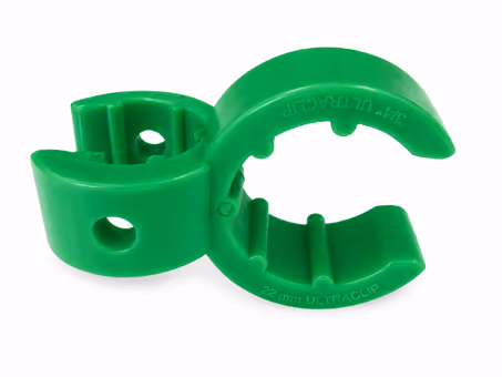 Green plastic pipe clip labeled 3/4 inch and 22 mm ULTRACLIP on a white background.