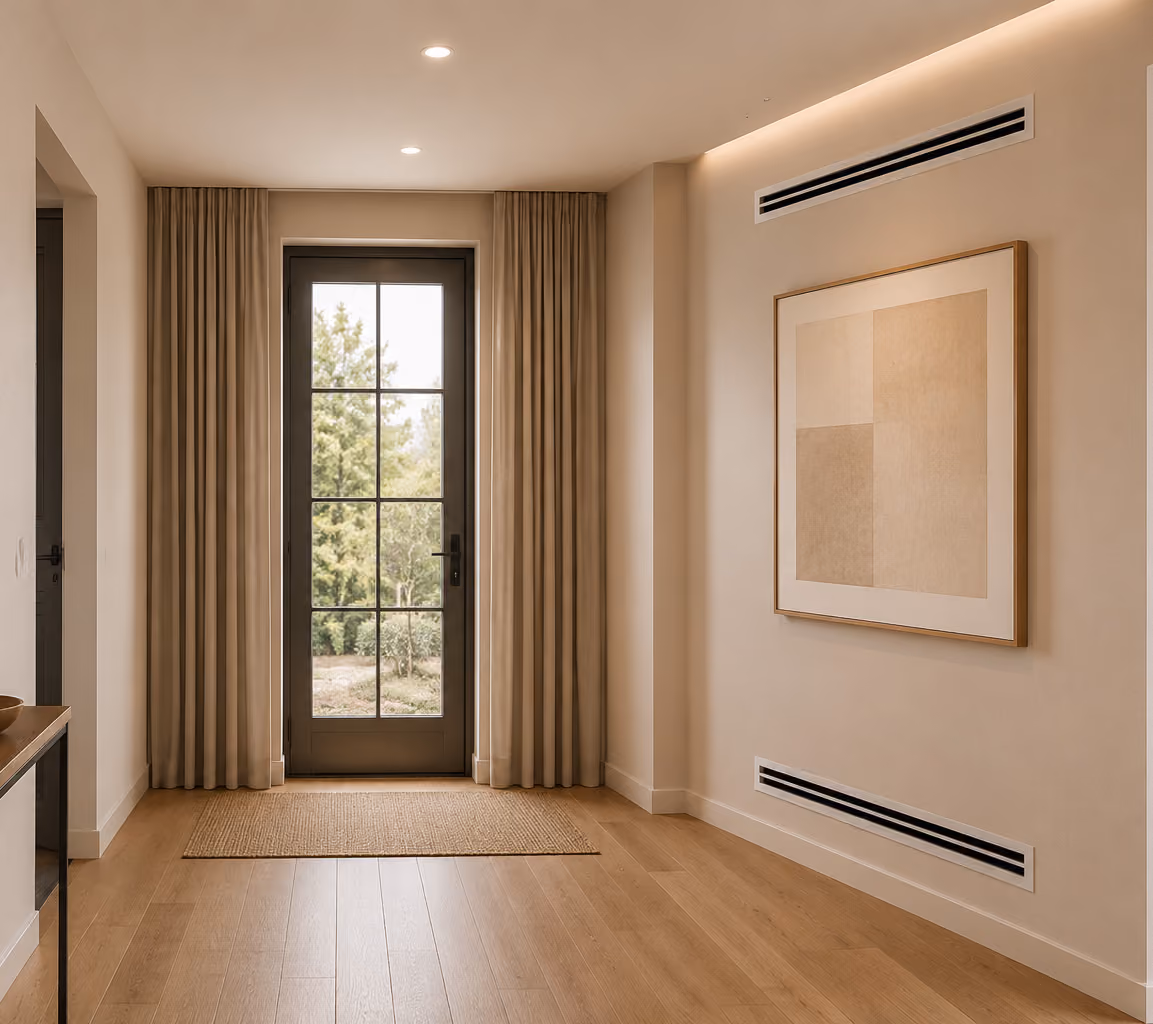 Minimalist entryway with wooden floor, beige curtains, a rectangular rug, and a framed abstract artwork.