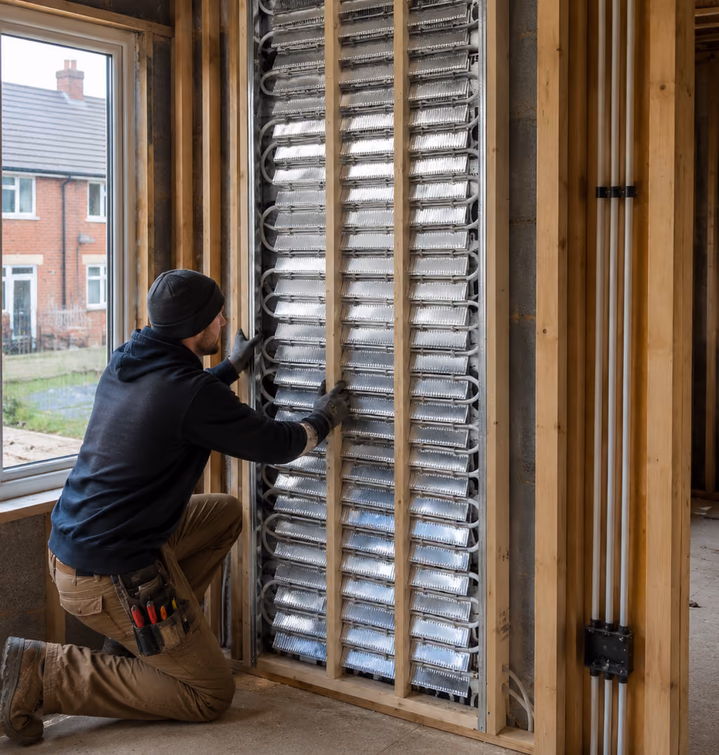 Worker installing a metal panel heating system within wooden framing of a house under construction.