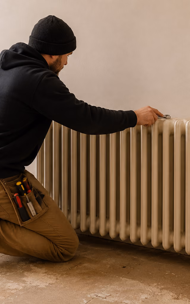 Worker in black hat and hoodie adjusting a valve on a beige radiator while kneeling on floor.