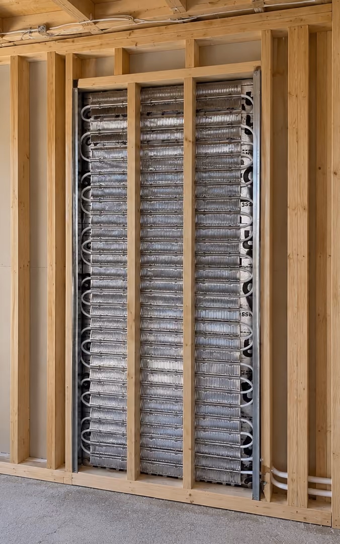 Wall cavity with a radiant heating panel and visible wood framing in an unfinished room.