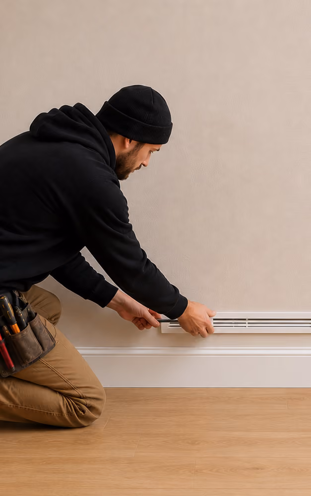 Man wearing black hoodie and beanie installing or adjusting white baseboard heater vent near a wall.