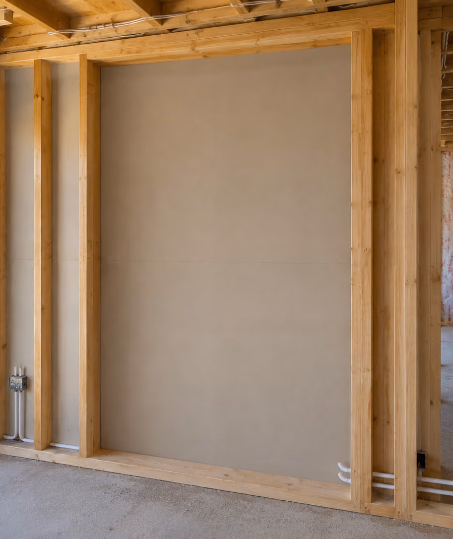 Interior wall framed with wood studs, drywall partially installed, and some electrical wiring visible.