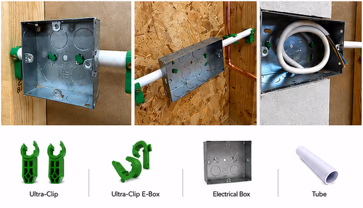 Installation stages of electrical box using green Ultra-Clips holding a white tube on wood and drywall walls.