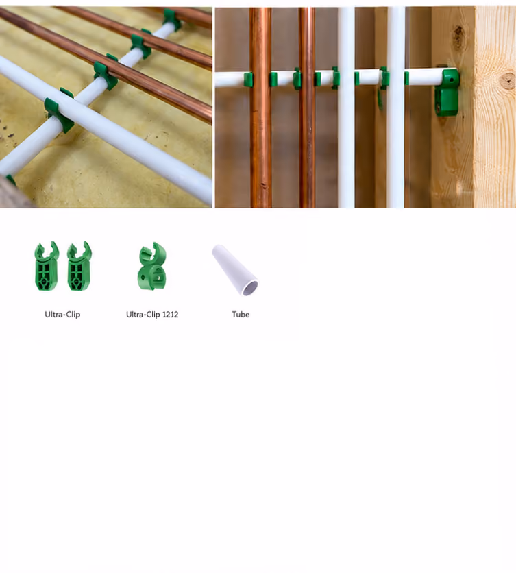Green clips securing copper and white tubes in plumbing setup, with product images of clips and a tube below.