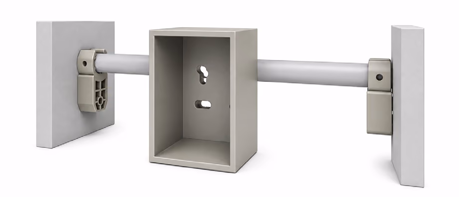 Gray metal box bracket supported by a horizontal rod attached to two vertical panels with clips.