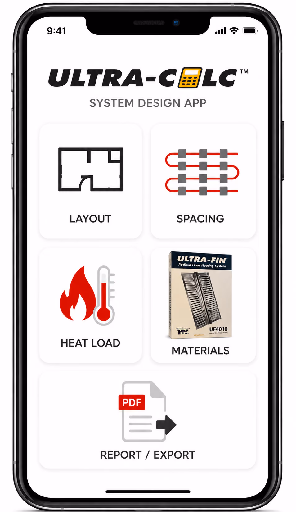 Smartphone screen showing Ultra-Calc system design app with layout, spacing, heat load, materials, and report export options.