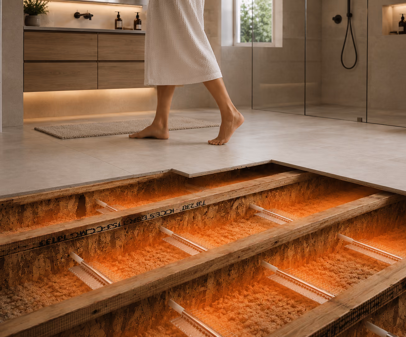 Cutaway view of underfloor heating system beneath bathroom floor tiles with a person in a white bathrobe stepping barefoot on the warm tile floor.