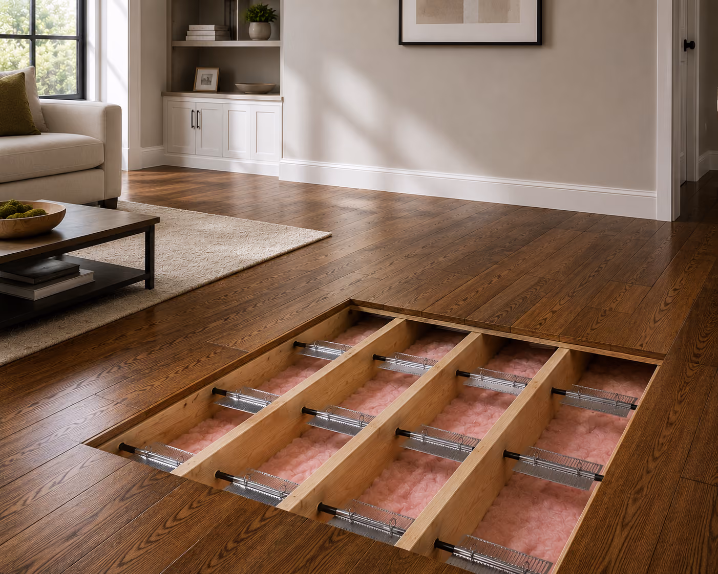 Cutaway of a living room hardwood floor showing layers beneath including wooden joists and pink insulation batts between them.