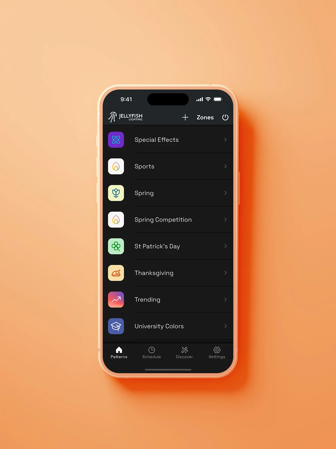 JellyFish app preset pattern categories including sports and seasonal looks.