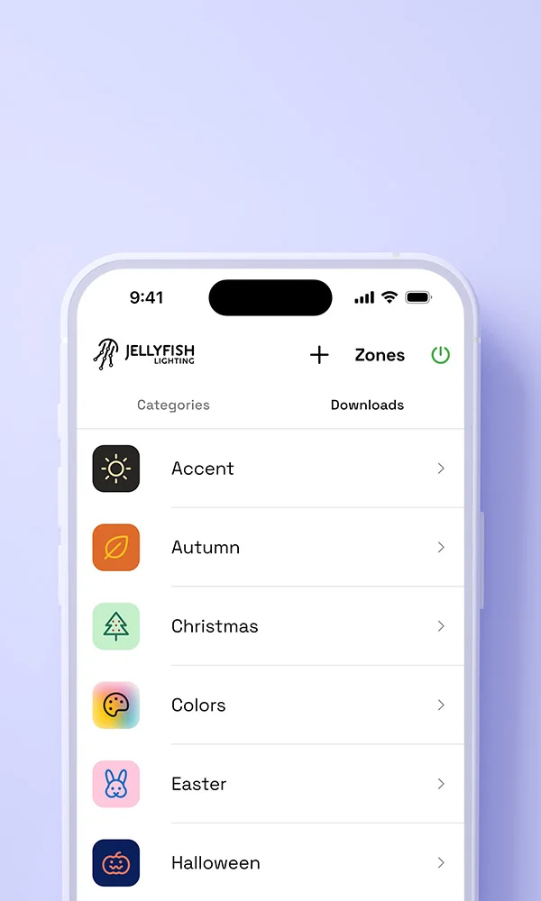 JellyFish app showing lighting pattern categories.