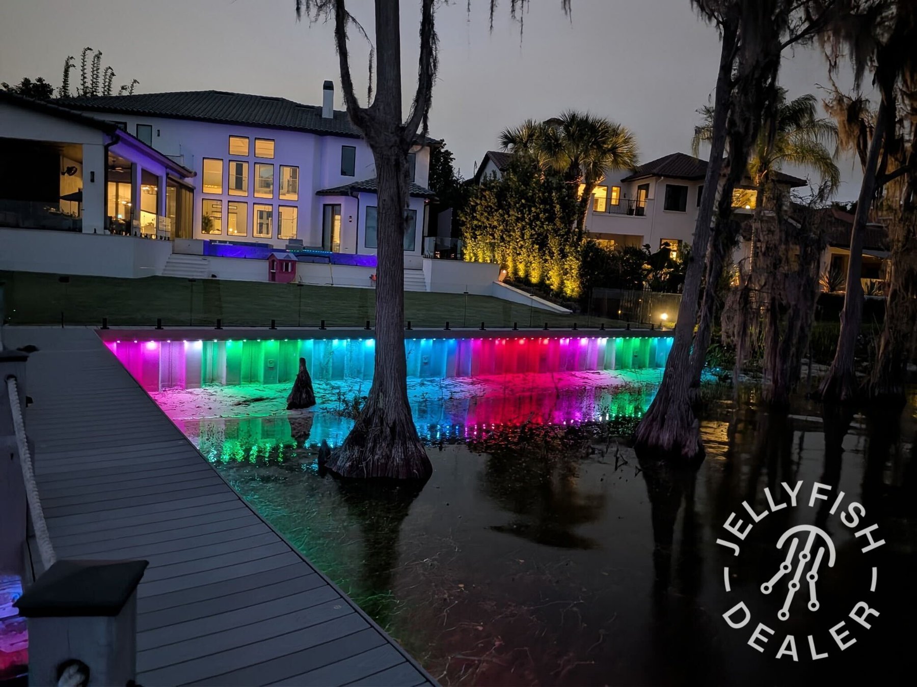 Waterfront lighting viewed from a boat dock.