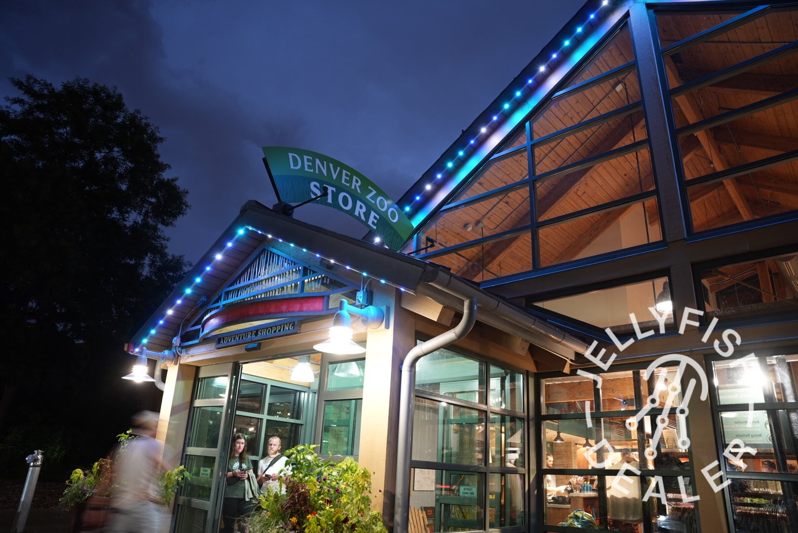 Blue accent lighting along a zoo entrance canopy.