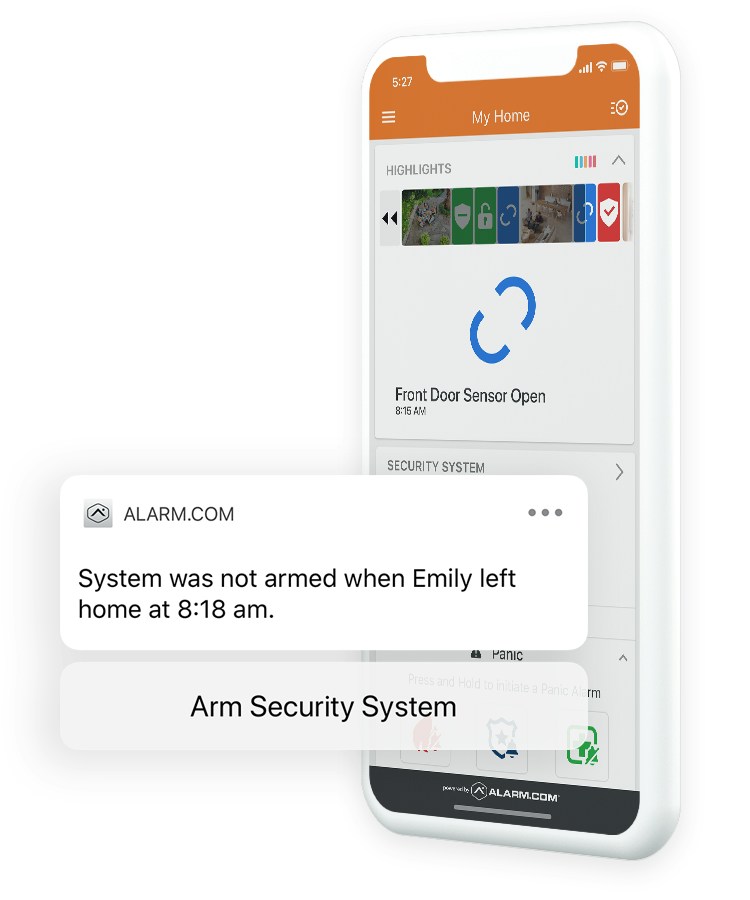 Alarm.com app with an arming reminder and front-door activity.