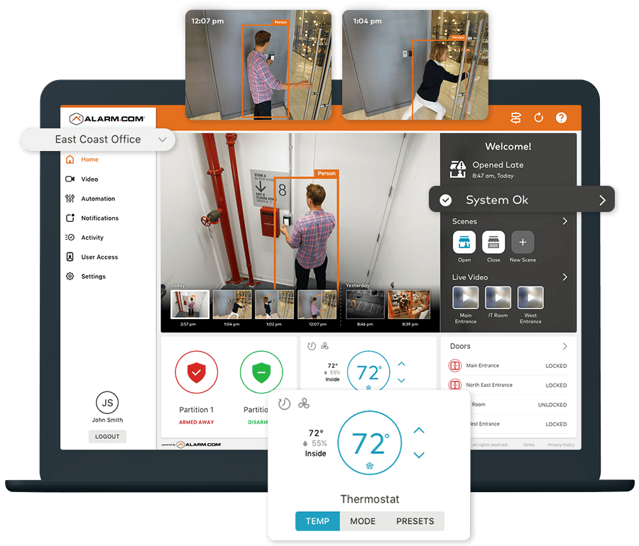 Alarm.com business dashboard with camera views and connected controls.