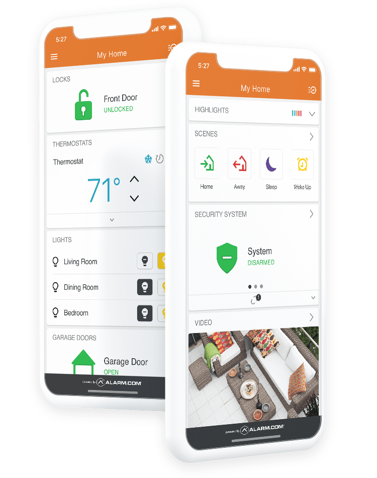 Alarm.com mobile app showing supported home controls.