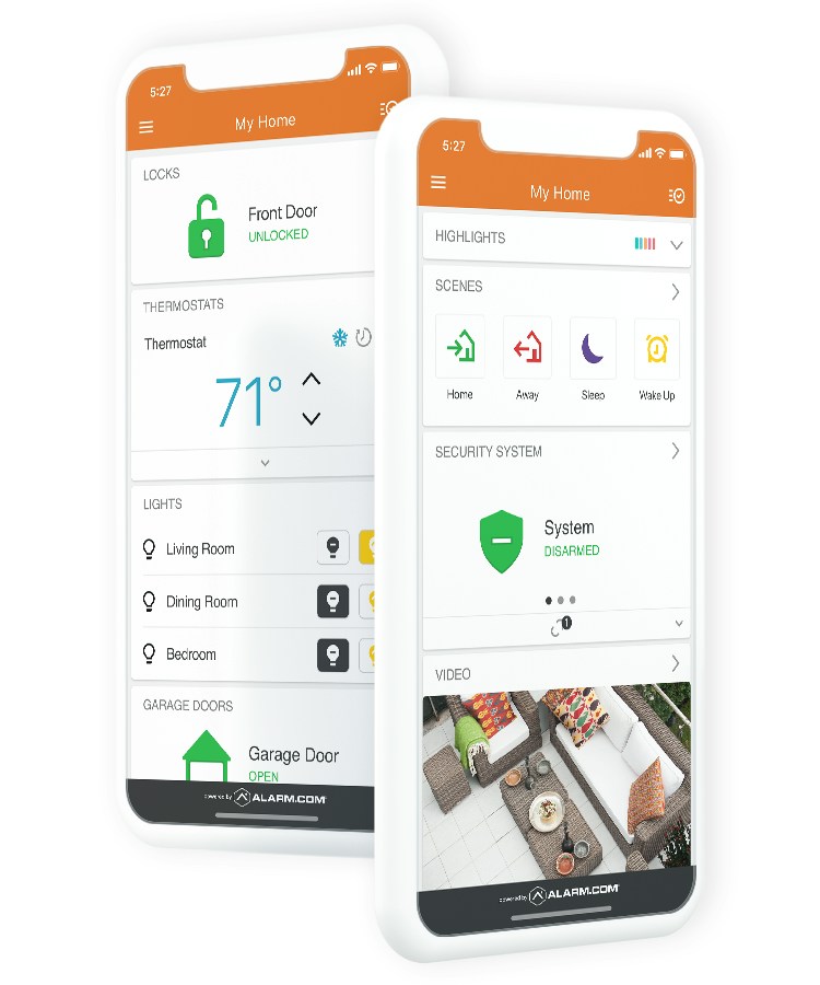 Alarm.com app security, video and smart home control screens.