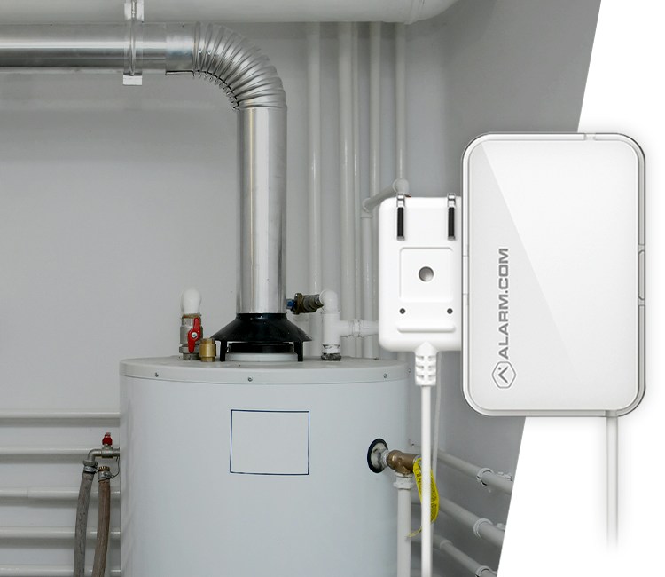 Water sensor equipment positioned near a water heater.