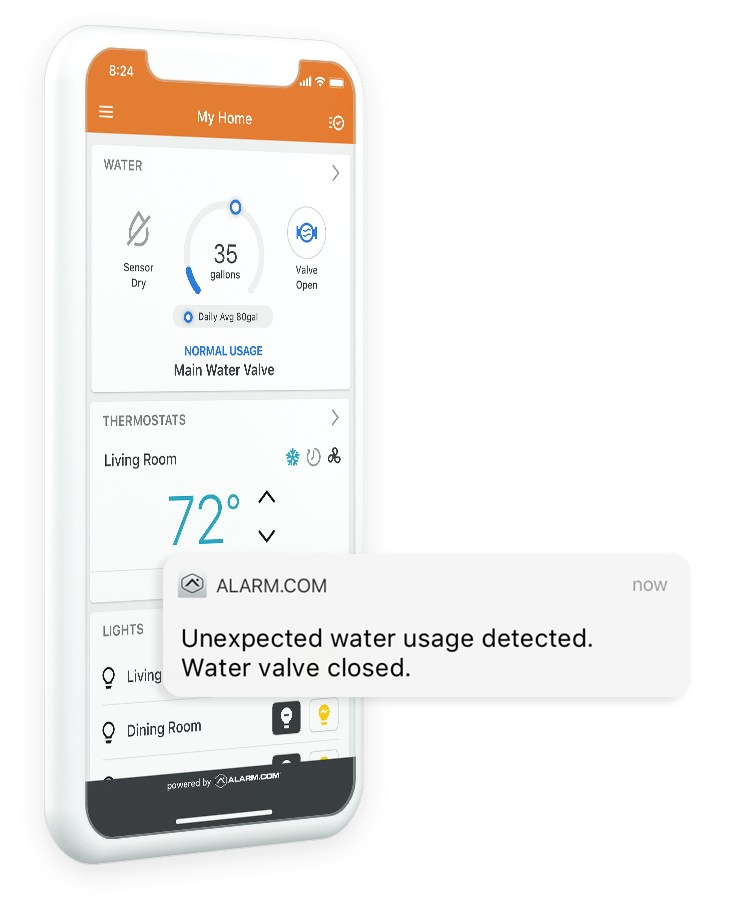 Alarm.com water-use screen and unexpected usage alert.