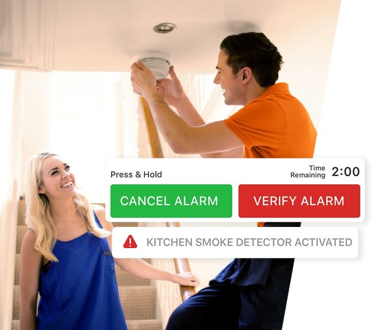 Residential smoke detector setup and Alarm.com alarm-event controls.