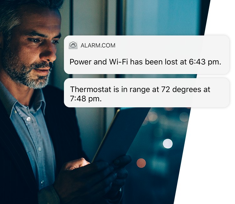 Business owner receiving temperature and connectivity notifications.