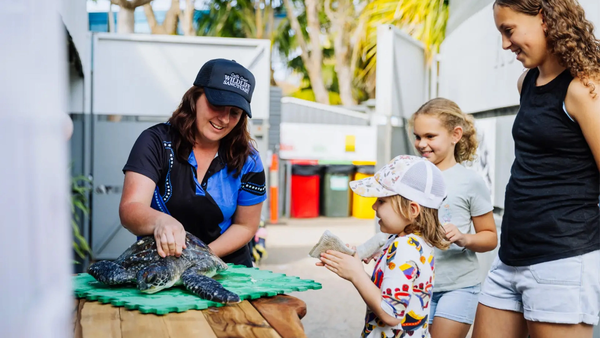 A woman wearing a Coffs Coast Wildlife Sanctuary hat is showing a sea turtle on a green mat to three smiling children outdoors.