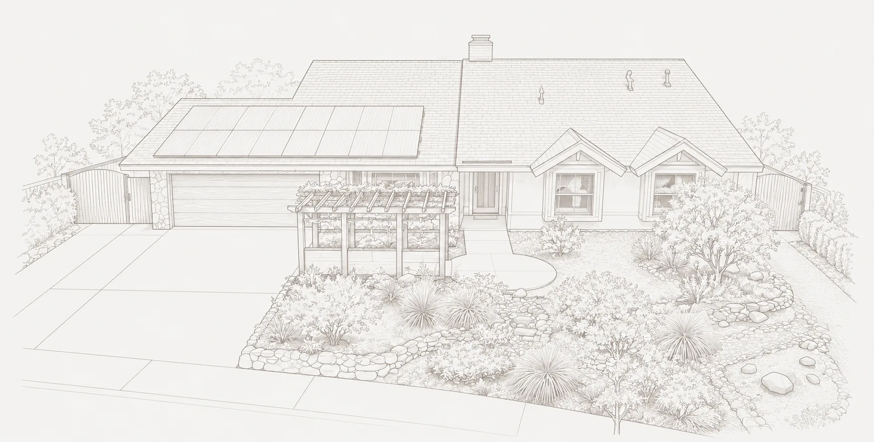Sepia rendering of a minimalist ranch-style home