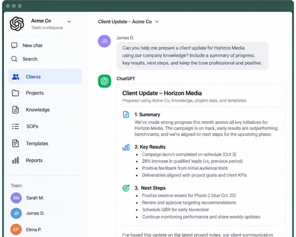 Shared agency workspace showing approved company knowledge and client context
