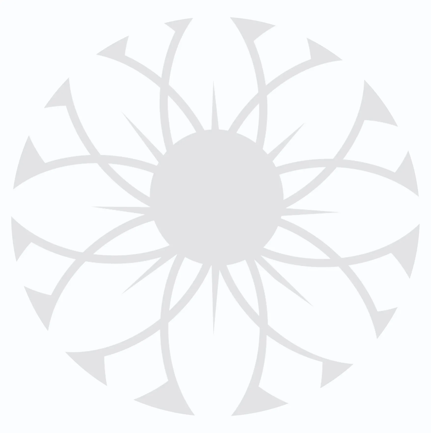 Circular emblem with a sun in the center surrounded by eight petals with arrows at the tips