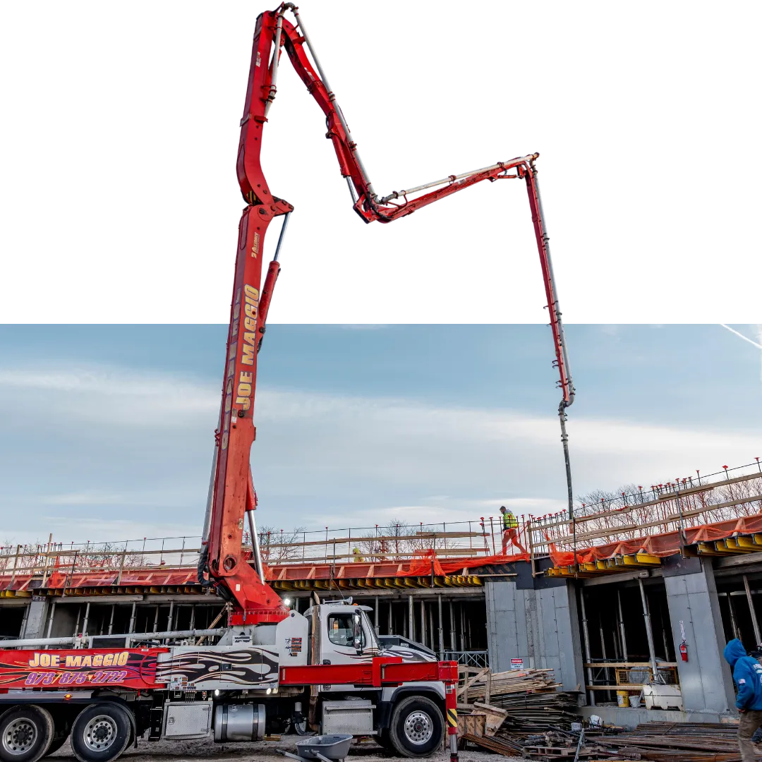 Joe Maggio Construction pump truck on a commercial concrete project in Morristown, New Jersey.