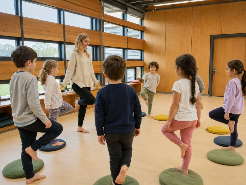 A woman leading a group of six young children in a balance exercise, each standing on one leg on individual round cushions in a bright room with large windows and wooden walls.