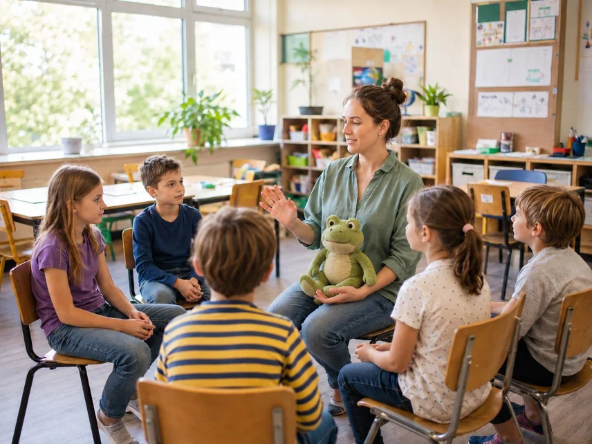 A teacher with a frog puppet in a circle of children