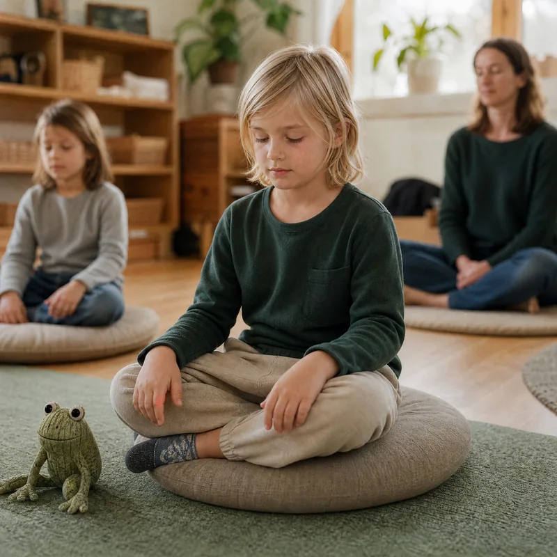 A child meditating on a cushion beside a toy frog