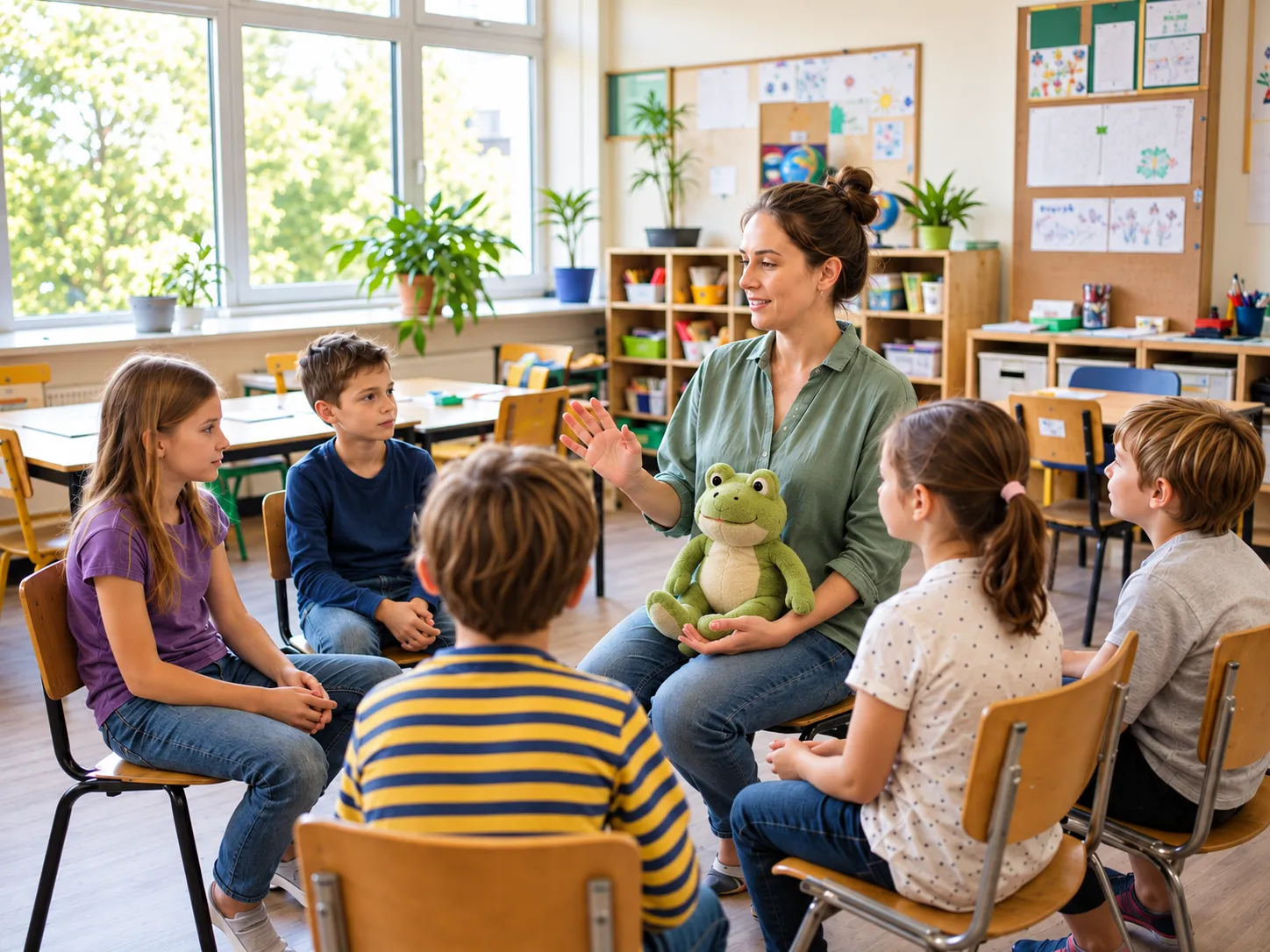 A teacher and children around a table in a classroom