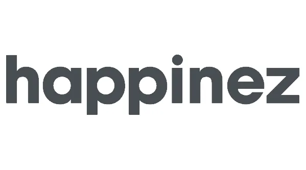 Happinez wordmark logo in lowercase gray letters.